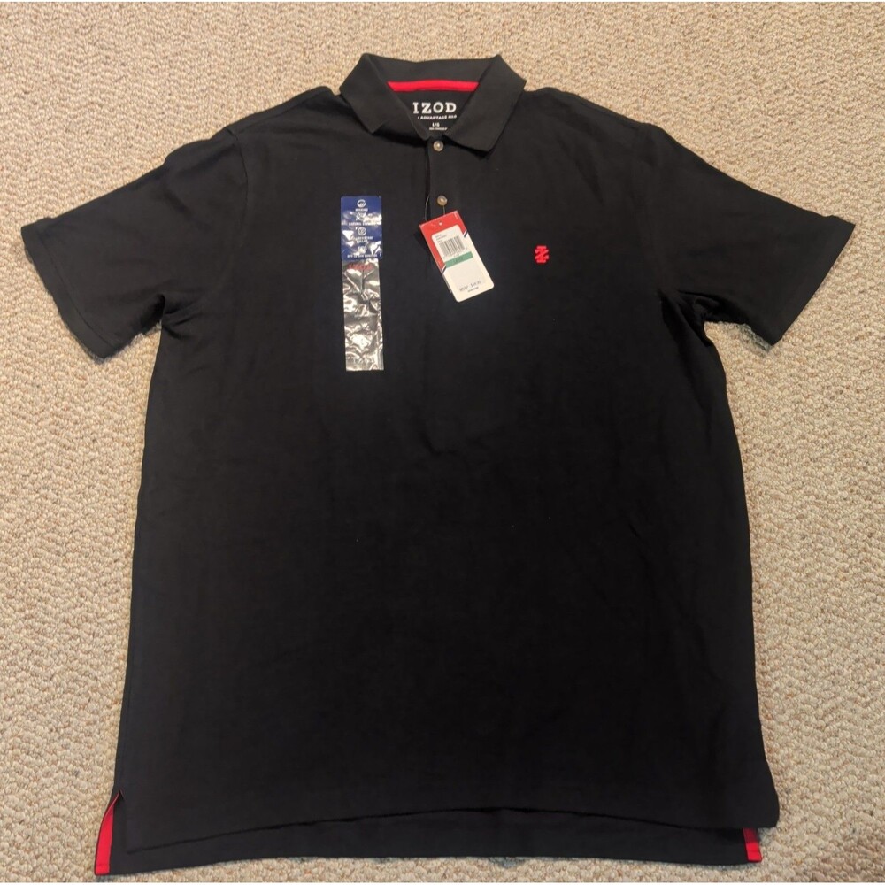 IZOD Advantage Polo Shirt Mens Large Black UPF Short Sleeve Preppy